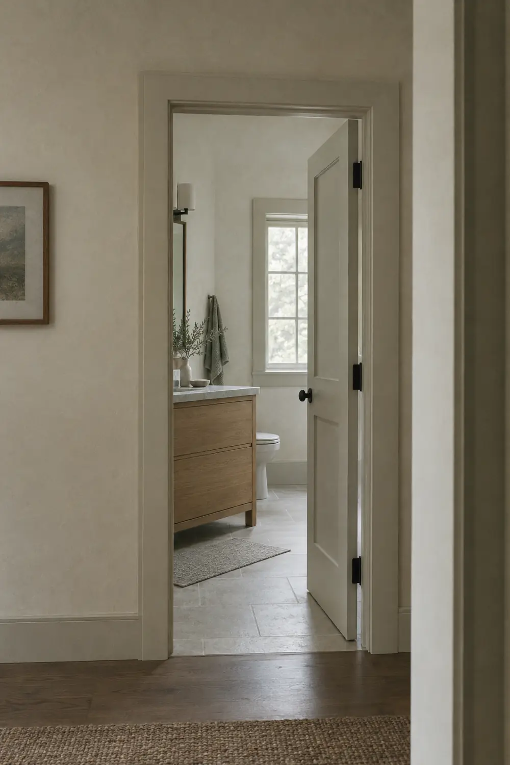 Salle de bain terminée, vue depuis le corridor, lumière douce.