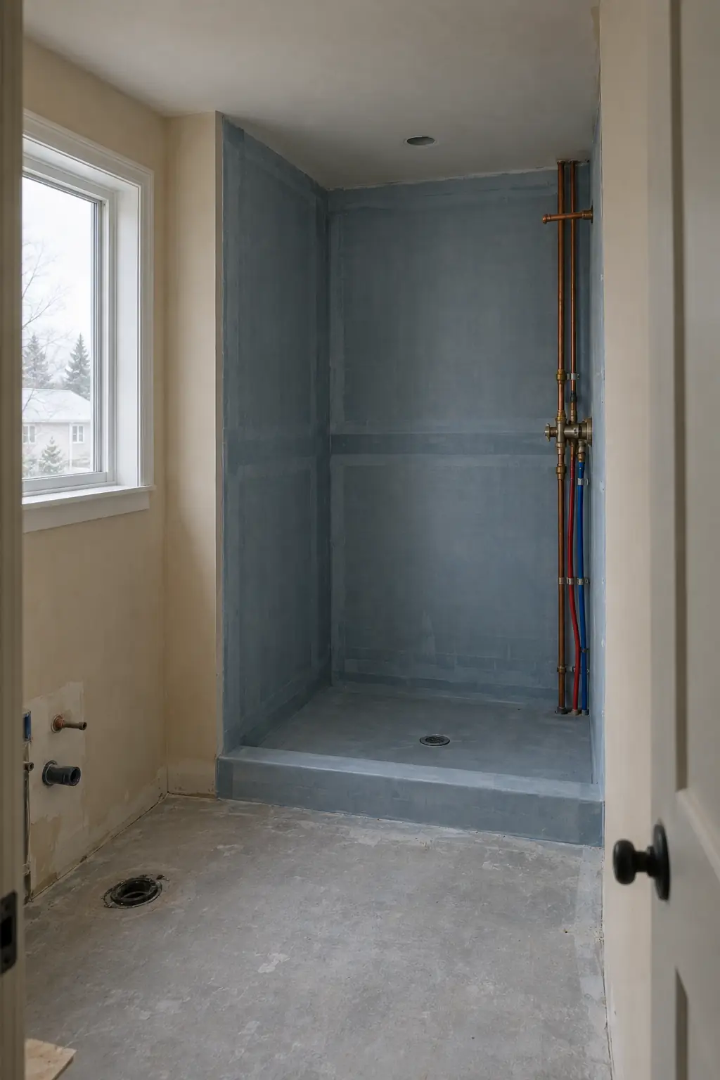 Salle de bain en rénovation, membrane d’étanchéité visible avant la pose de céramique.