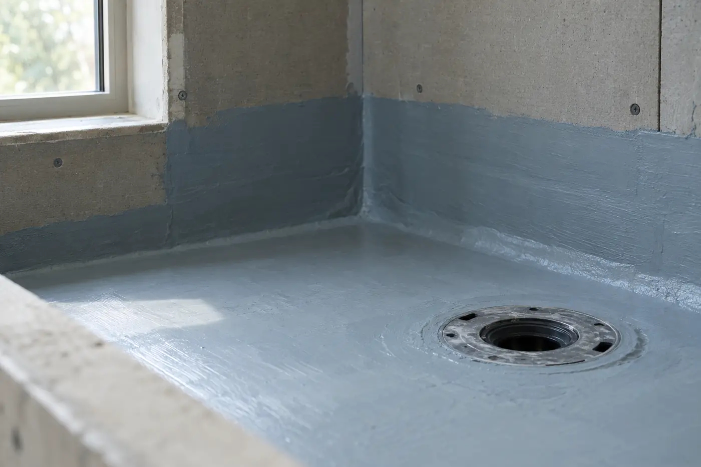 Membrane d’étanchéité d’une douche, photographiée avant la pose du carrelage.