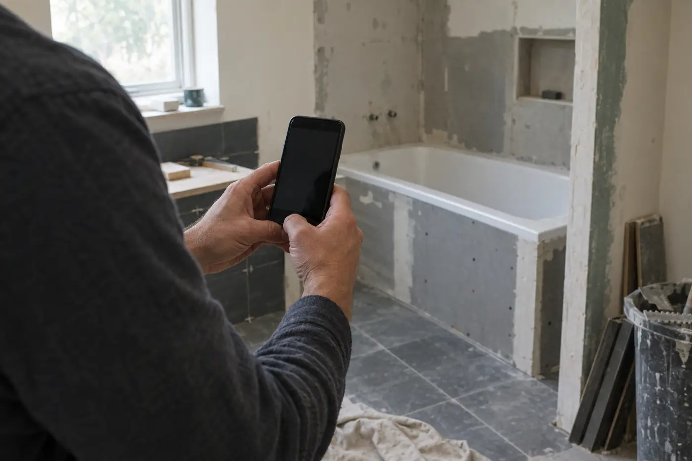 Personne photographiant une salle de bain en travaux avec un téléphone.
