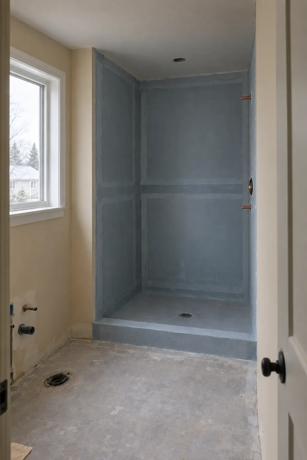 View of a bathroom under renovation, plumbing behind the drywall.